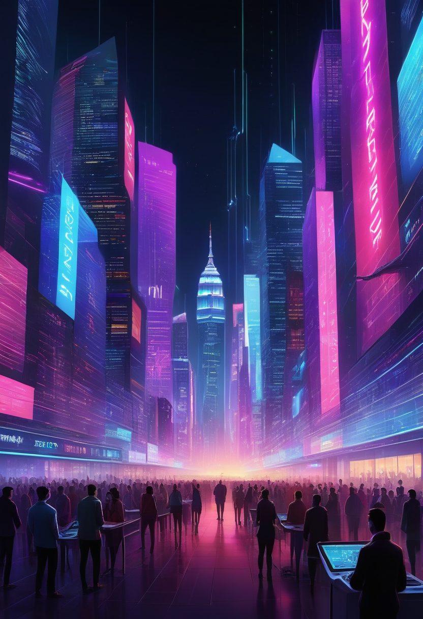A digital representation of a voting ballot transforming into binary code, symbolizing the transition from traditional voting to e-democracy. The background features futuristic cityscapes with screens displaying election results and citizens interacting through devices. Include diverse people passionately discussing and celebrating democracy with visible digital interfaces. Incorporate elements of technology, connectivity, and civic engagement. vibrant colors. cyberpunk.
