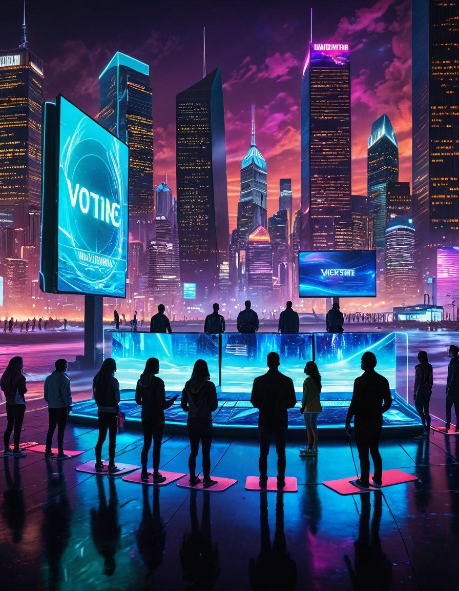 A dynamic scene depicting a futuristic digital ocean with large, luminous waves representing virtual voting. In the foreground, diverse voters standing on surfboards, casting electronic ballots that glow with neon colors. The background features a skyline of modern city buildings integrated with digital screens displaying election results. The overall atmosphere is energetic and empowering, reflecting a blend of technology and democracy. vibrant colors. cyberpunk.